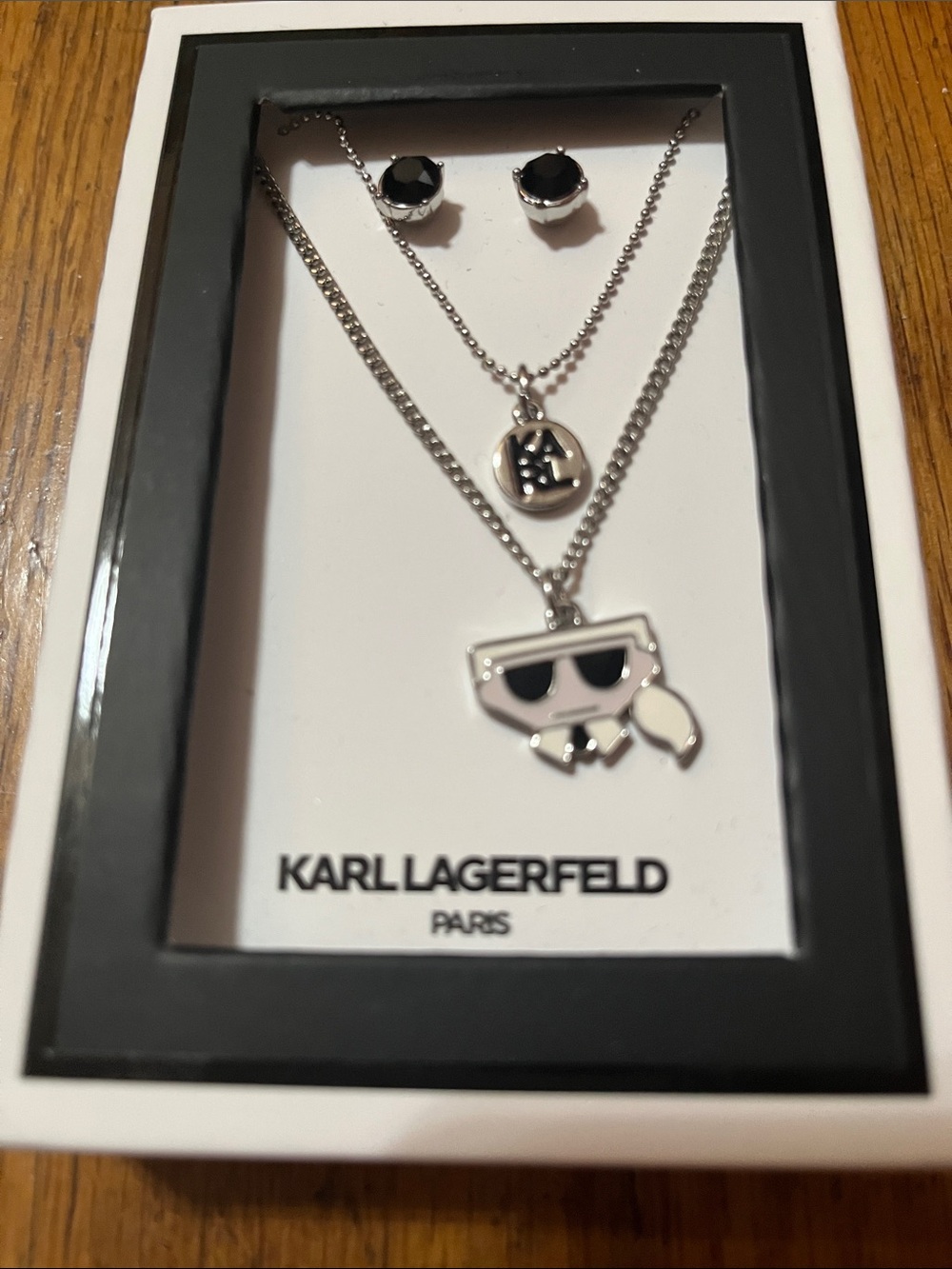 NWT Karl Lagerfeld 3 Piece Set Silver Necklaces and Black Enamel Stud Earrings - Picture 3 of 6